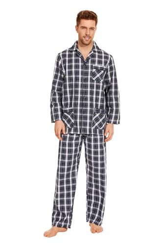 GLOBAL Herren Schlafanzug Lang Zweiteiliger' Pyjamaset Baumwolle Button Down Nachtwäsche Herren Pjs Set Oberteil & Hose Loungewear Nightwear Set Schwarz Kariert,L von GLOBAL