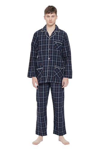 GLOBAL Herren Schlafanzug Lang Zweiteiliger' Pyjamaset Baumwolle Button Down Nachtwäsche Herren Pjs Set Oberteil & Hose Loungewear Nightwear Set Schwarzes Gitter,L von GLOBAL