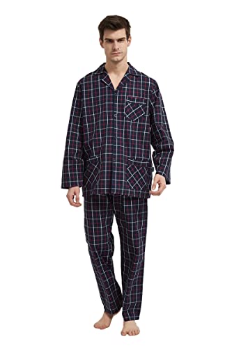 GLOBAL Herren Schlafanzug Lang Zweiteiliger' Pyjamaset Baumwolle Button Down Nachtwäsche Herren Pjs Set Oberteil & Hose Loungewear Nightwear Set Schwarzes Rotes Gitter L von GLOBAL