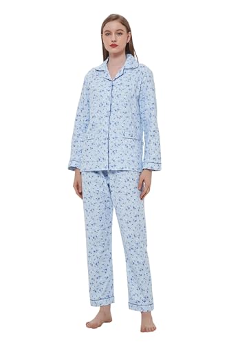 GLOBAL Schlafanzüge Damen Flanell Baumwolle Damen Pyjama Set Zweiteiliger Nachtwäsche Damen Pjs Set Lang Knopfleiste vorne und Kordelzug,3XL von GLOBAL