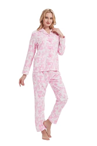 GLOBAL Schlafanzüge Damen Flanell | Baumwolle Damen Pyjama Set | Zweiteiliger Nachtwäsche Damen Pjs Set Lang | Knopfleiste vorne und Kordelzug,L von GLOBAL