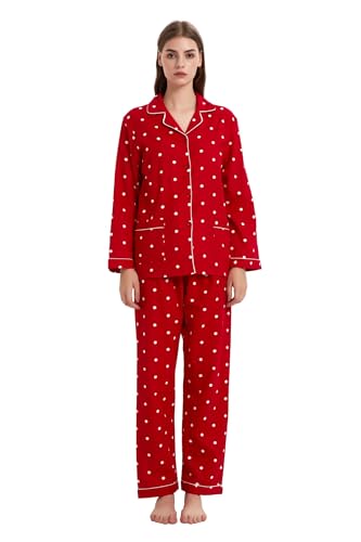 GLOBAL Damen Pyjama Set Zweiteilig Lang Flanell Baumwolle Pyjama Damen Pjs Set Rote Weiße Punkte L von GLOBAL