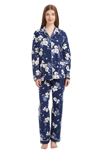 GLOBAL Schlafanzüge Damen Flanell Baumwolle Damen Pyjama Set Zweiteiliger Nachtwäsche Damen Pjs Set Lang Knopfleiste vorne und Kordelzug,XXL von GLOBAL