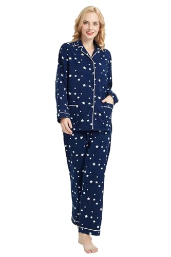 GLOBAL Schlafanzüge Damen Flanell Baumwolle Damen Pyjama Set Zweiteiliger Nachtwäsche Damen Pjs Set Lang Knopfleiste vorne und Kordelzug 3XL von GLOBAL