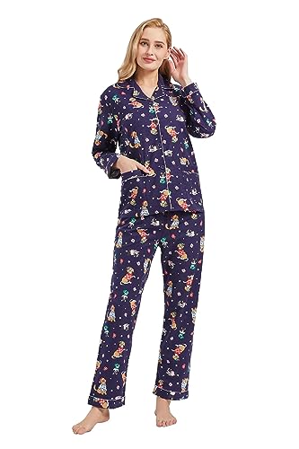 GLOBAL Schlafanzüge Damen Flanell | Baumwolle Damen Pyjama Set | Zweiteiliger Nachtwäsche Damen Pjs Set Lang | Knopfleiste vorne und Kordelzug | Blau，Haustie Hund M von GLOBAL