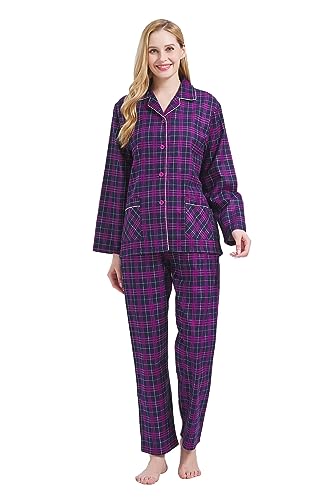 GLOBAL Schlafanzüge Damen Flanell | Baumwolle Damen Pyjama Set | Zweiteiliger Nachtwäsche Damen Pjs Set Lang | Knopfleiste vorne und Kordelzug | Blau/Lila/Weiß,Kariert M von GLOBAL