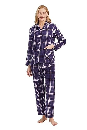 GLOBAL Schlafanzüge Damen Flanell | Baumwolle Damen Pyjama Set | Zweiteiliger Nachtwäsche Damen Pjs Set Lang | Knopfleiste vorne und Kordelzug | Blau/Lila/Weiß,Kariert M von GLOBAL