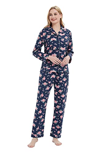 GLOBAL Schlafanzüge Damen Flanell | Baumwolle Damen Pyjama Set | Zweiteiliger Nachtwäsche Damen Pjs Set Lang | Knopfleiste vorne und Kordelzug | Blau，Rose M von GLOBAL