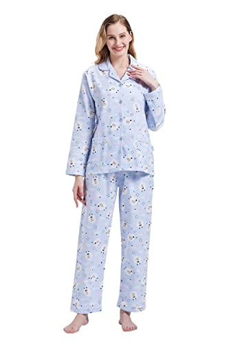 GLOBAL Schlafanzüge Damen Flanell | Baumwolle Damen Pyjama Set | Zweiteiliger Nachtwäsche Damen Pjs Set Lang | Knopfleiste vorne und Kordelzug | Blau,Schafe XXL von GLOBAL