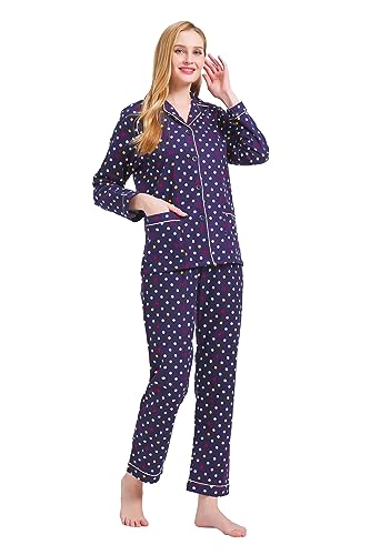 GLOBAL Schlafanzüge Damen Flanell | Baumwolle Damen Pyjama Set | Zweiteiliger Nachtwäsche Damen Pjs Set Lang | Knopfleiste vorne und Kordelzug | Blaue, Farbige Flecken L von GLOBAL