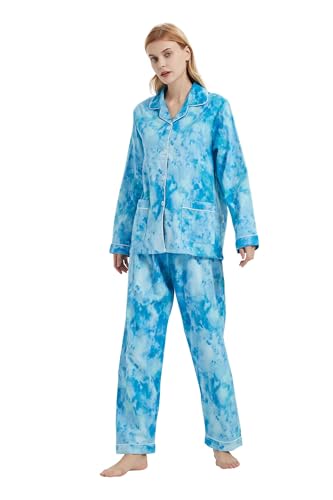 GLOBAL Schlafanzüge Damen Flanell | Baumwolle Damen Pyjama Set | Zweiteiliger Nachtwäsche Damen Pjs Set Lang | Knopfleiste vorne und Kordelzug | Blaue Bindefärbung,M von GLOBAL