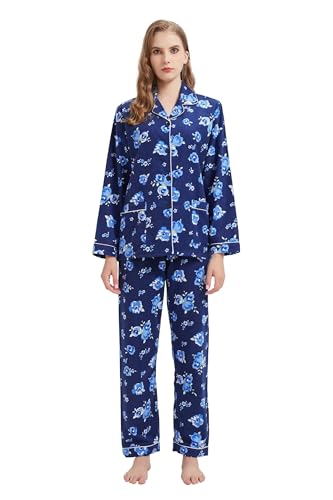 GLOBAL Schlafanzüge Damen Flanell Baumwolle Damen Pyjama Set Zweiteiliger Nachtwäsche Damen Pjs Set Lang Knopfleiste vorne und Kordelzug Blaue Blumen XXL von GLOBAL