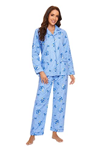 GLOBAL Schlafanzüge Damen Flanell | Baumwolle Damen Pyjama Set | Zweiteiliger Nachtwäsche Damen Pjs Set Lang | Knopfleiste vorne und Kordelzug |Blaue Elegante Blume S von GLOBAL