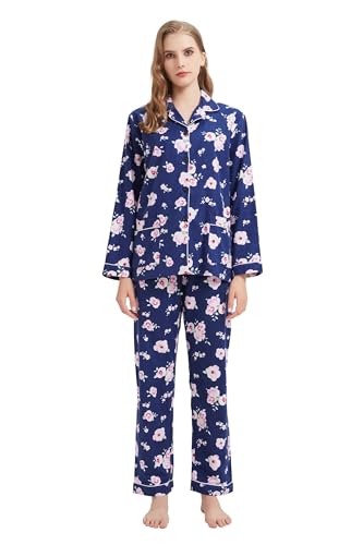 GLOBAL Schlafanzüge Damen Flanell Baumwolle Damen Pyjama Set Zweiteiliger Nachtwäsche Damen Pjs Set Lang Knopfleiste vorne und Kordelzug Blaue Rosa Blumen XL von GLOBAL