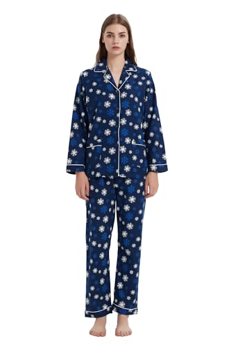 GLOBAL Schlafanzüge Damen Flanell Baumwolle Damen Pyjama Set Zweiteiliger Nachtwäsche Damen Pjs Set Lang Knopfleiste vorne und Kordelzug Blaue Schneeflocken 3XL von GLOBAL