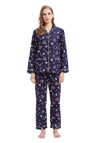 GLOBAL Schlafanzüge Damen Flanell Baumwolle Damen Pyjama Set Zweiteiliger Nachtwäsche Damen Pjs Set Lang Knopfleiste vorne und Kordelzug Blaue Weihnachtliche Zuckerstangen 3XL von GLOBAL