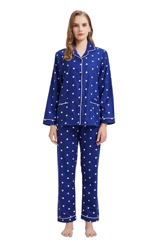 GLOBAL Schlafanzüge Damen Flanell Baumwolle Damen Pyjama Set Zweiteiliger Nachtwäsche Damen Pjs Set Lang Knopfleiste vorne und Kordelzug Blaue weiße Punkte XXL von GLOBAL