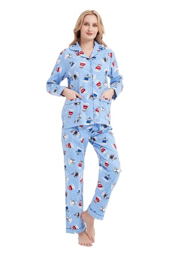 GLOBAL Schlafanzüge Damen Flanell | Baumwolle Damen Pyjama Set | Zweiteiliger Nachtwäsche Damen Pjs Set Lang | Knopfleiste vorne und Kordelzug | Blauer Schneemann,M von GLOBAL
