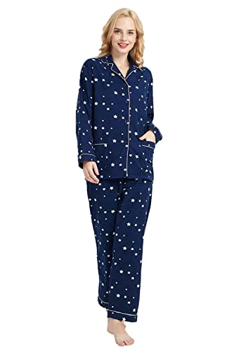 GLOBAL Schlafanzüge Damen Flanell | Baumwolle Damen Pyjama Set | Zweiteiliger Nachtwäsche Damen Pjs Set Lang | Knopfleiste vorne und Kordelzug |Blauer Stern M von GLOBAL