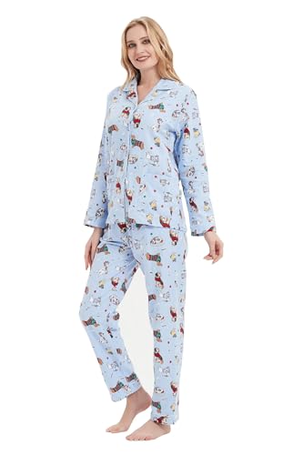 GLOBAL Damen Pyjama Set Flanell | Baumwolle Pyjama | Lang | Knopfleiste vorne & Kordelzug | Blauer Süßer Hund XXL von GLOBAL