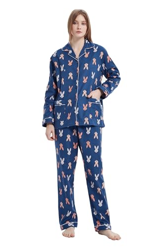 GLOBAL Schlafanzüge Damen Flanell | Baumwolle Damen Pyjama Set | Zweiteiliger Nachtwäsche Damen Pjs Set Lang | Knopfleiste vorne und Kordelzug | Blaues Kaninchen,XS von GLOBAL
