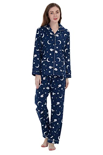 GLOBAL Schlafanzüge Damen Flanell | Baumwolle Damen Pyjama Set | Zweiteiliger Nachtwäsche Damen Pjs Set Lang | Knopfleiste vorne und Kordelzug |Blaues süßes Lamm XL von GLOBAL