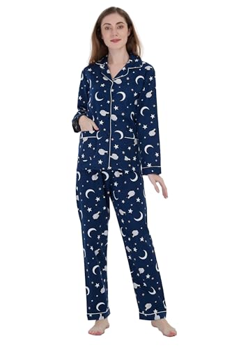 GLOBAL Schlafanzüge Damen Flanell | Baumwolle Damen Pyjama Set | Zweiteiliger Nachtwäsche Damen Pjs Set Lang | Knopfleiste vorne und Kordelzug |Blaues süßes Lamm XXL von GLOBAL