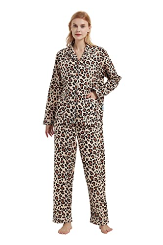 GLOBAL Schlafanzüge Damen Flanell | Baumwolle Damen Pyjama Set | Zweiteiliger Nachtwäsche Damen Pjs Set Lang | Knopfleiste vorne und Kordelzug | Brauner Leopard 3XL von GLOBAL