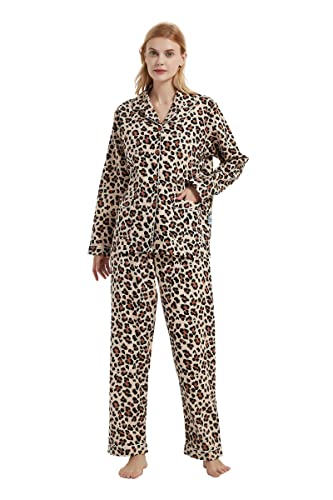 GLOBAL Schlafanzüge Damen Flanell | Baumwolle Damen Pyjama Set | Zweiteiliger Nachtwäsche Damen Pjs Set Lang | Knopfleiste vorne und Kordelzug |Brauner Leopard S von GLOBAL
