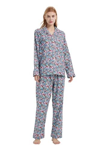 GLOBAL Schlafanzüge Damen Flanell | Baumwolle Damen Pyjama Set | Zweiteiliger Nachtwäsche Damen Pjs Set Lang | Knopfleiste vorne und Kordelzug | Graffiti-Kunst,XL von GLOBAL