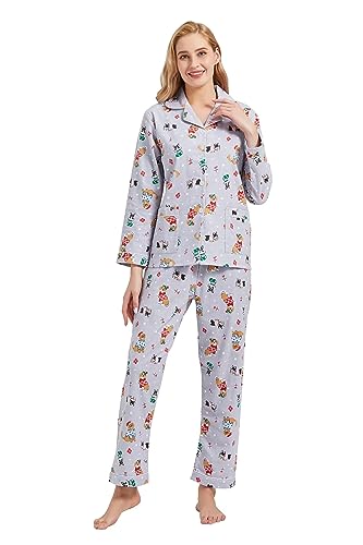 GLOBAL Schlafanzüge Damen Flanell | Baumwolle Damen Pyjama Set | Zweiteiliger Nachtwäsche Damen Pjs Set Lang | Knopfleiste vorne und Kordelzug | Grau, Haustie Hund M von GLOBAL