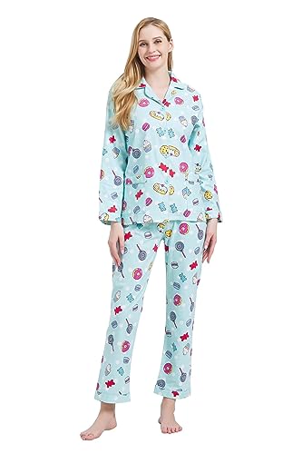 GLOBAL Schlafanzüge Damen Flanell | Baumwolle Damen Pyjama Set | Zweiteiliger Nachtwäsche Damen Pjs Set Lang | Knopfleiste vorne und Kordelzug | Grün, Nachtisch M von GLOBAL