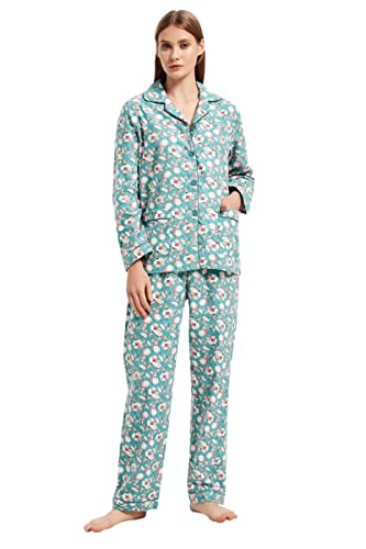 GLOBAL Schlafanzüge Damen Flanell | Baumwolle Damen Pyjama Set | Zweiteiliger Nachtwäsche Damen Pjs Set Lang | Knopfleiste vorne und Kordelzug | Grüne Elegante Blume L von GLOBAL