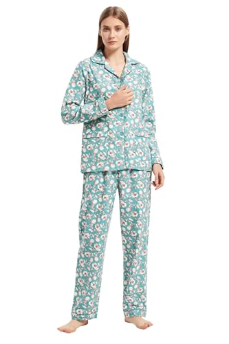 GLOBAL Schlafanzüge Damen Flanell | Baumwolle Damen Pyjama Set | Zweiteiliger Nachtwäsche Damen Pjs Set Lang | Knopfleiste vorne und Kordelzug | Grüne Elegante Blume XL von GLOBAL