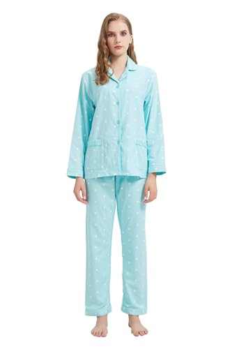 GLOBAL Schlafanzüge Damen Flanell Baumwolle Pyjama Set Zweiteiliger Nachtwäsche PJs Lang Knopfleiste Vorne und Kordelzug Grüne Weiße Punkte L von GLOBAL