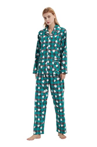 GLOBAL Schlafanzüge Damen Flanell | Baumwolle Damen Pyjama Set | Zweiteiliger Nachtwäsche Damen Pjs Set Lang | Knopfleiste vorne und Kordelzug | Grüner Schneemann,M von GLOBAL