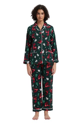 GLOBAL Damen Pyjama Set Zweiteilig Lang Flanell Baumwolle Pyjama Nachtwäsche Pyjamas M Grünes, Rotes Weihnachtsrentie von GLOBAL