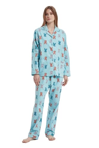 GLOBAL Schlafanzüge Damen Flanell | Baumwolle Damen Pyjama Set | Zweiteiliger Nachtwäsche Damen Pjs Set Lang | Knopfleiste vorne und Kordelzug | Grünes Kaninchen,S von GLOBAL