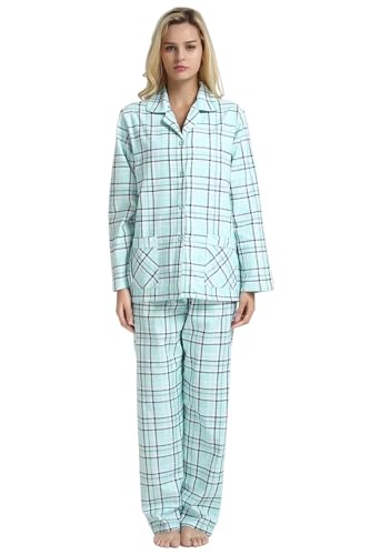 GLOBAL Schlafanzüge Damen Flanell | Baumwolle Damen Pyjama Set | Zweiteiliger Nachtwäsche Damen Pjs Set Lang | Knopfleiste vorne und Kordelzug | Grünes Plaid L von GLOBAL