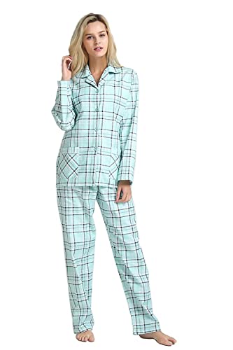 GLOBAL Schlafanzüge Damen Flanell | Baumwolle Damen Pyjama Set | Zweiteiliger Nachtwäsche Damen Pjs Set Lang | Knopfleiste vorne und Kordelzug | Grünes Plaid M von GLOBAL