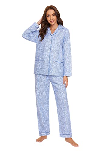 GLOBAL Schlafanzüge Damen Flanell | Baumwolle Damen Pyjama Set | Zweiteiliger Nachtwäsche Damen Pjs Set Lang | Knopfleiste vorne und Kordelzug |Kleine Blaue Blüten L von GLOBAL