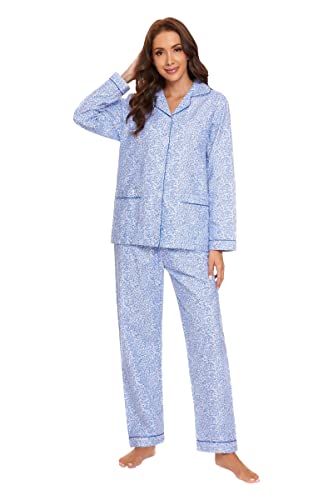 GLOBAL Schlafanzüge Damen Flanell | Baumwolle Damen Pyjama Set | Zweiteiliger Nachtwäsche Damen Pjs Set Lang | Knopfleiste vorne und Kordelzug |Kleine Blaue Blüten S von GLOBAL