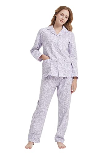 GLOBAL Schlafanzüge Damen Flanell | Baumwolle Damen Pyjama Set | Zweiteiliger Nachtwäsche Damen Pjs Set Lang | Knopfleiste vorne und Kordelzug |Lila Blume XXL von GLOBAL