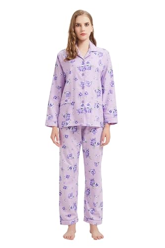 GLOBAL Schlafanzüge Damen Flanell Baumwolle Damen Pyjama Set Zweiteiliger Nachtwäsche Damen Pjs Set Lang Knopfleiste vorne und Kordelzug Lila Blumen XL von GLOBAL