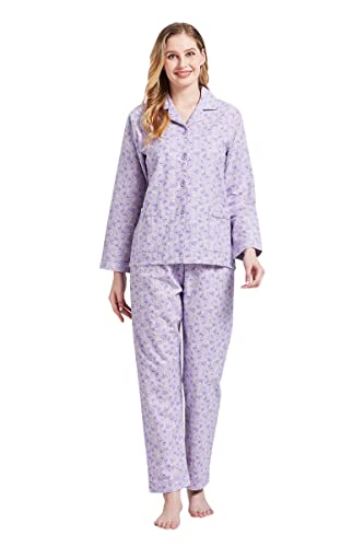 GLOBAL Schlafanzüge Damen Flanell | Baumwolle Damen Pyjama Set | Zweiteiliger Nachtwäsche Damen Pjs Set Lang | Knopfleiste vorne und Kordelzug |Lila Ginkgo Biloba L von GLOBAL