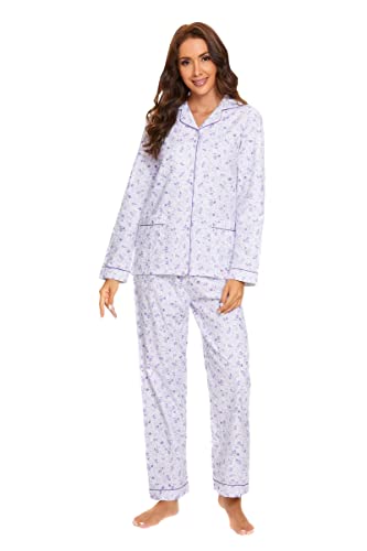 GLOBAL Schlafanzüge Damen Flanell | Baumwolle Damen Pyjama Set | Zweiteiliger Nachtwäsche Damen Pjs Set Lang | Knopfleiste vorne und Kordelzug |Lila süße Blumen L von GLOBAL