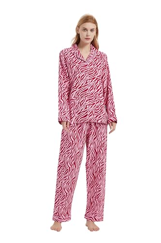 GLOBAL Schlafanzüge Damen Flanell | Baumwolle Damen Pyjama Set | Zweiteiliger Nachtwäsche Damen Pjs Set Lang | Knopfleiste vorne und Kordelzug | Pink Zebra Muster,S von GLOBAL