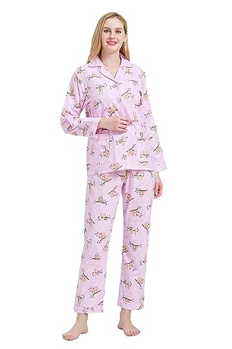 GLOBAL Schlafanzüge Damen Flanell | Baumwolle Damen Pyjama Set | Zweiteiliger Nachtwäsche Damen Pjs Set Lang | Knopfleiste vorne und Kordelzug | Rosa, Faultiere M von GLOBAL