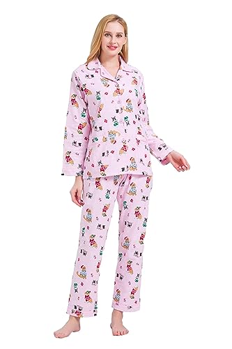 GLOBAL Schlafanzüge Damen Flanell | Baumwolle Damen Pyjama Set | Zweiteiliger Nachtwäsche Damen Pjs Set Lang | Knopfleiste vorne und Kordelzug | Rosa, Haustie Hund 3XL von GLOBAL