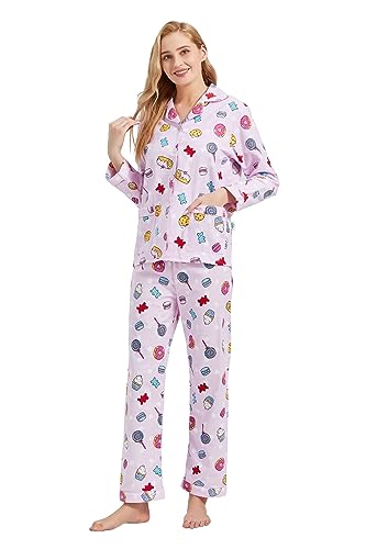 GLOBAL Schlafanzüge Damen Flanell | Baumwolle Damen Pyjama Set | Zweiteiliger Nachtwäsche Damen Pjs Set Lang | Knopfleiste vorne und Kordelzug | Rosa, Nachtisch XL von GLOBAL